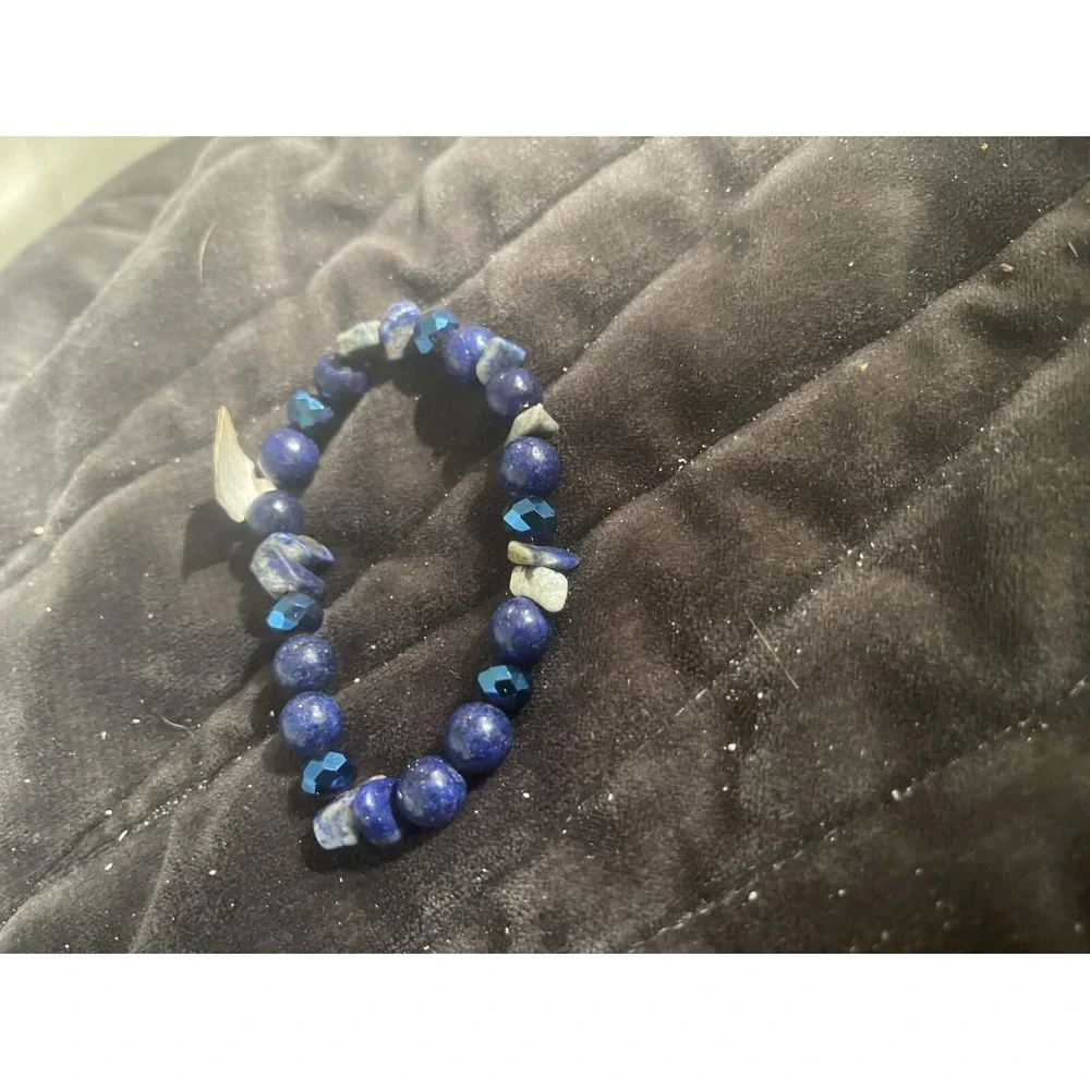 Lapis and Sodalite Blue Stone Stretch Bracelet Faceted Bead Accents Artisanal